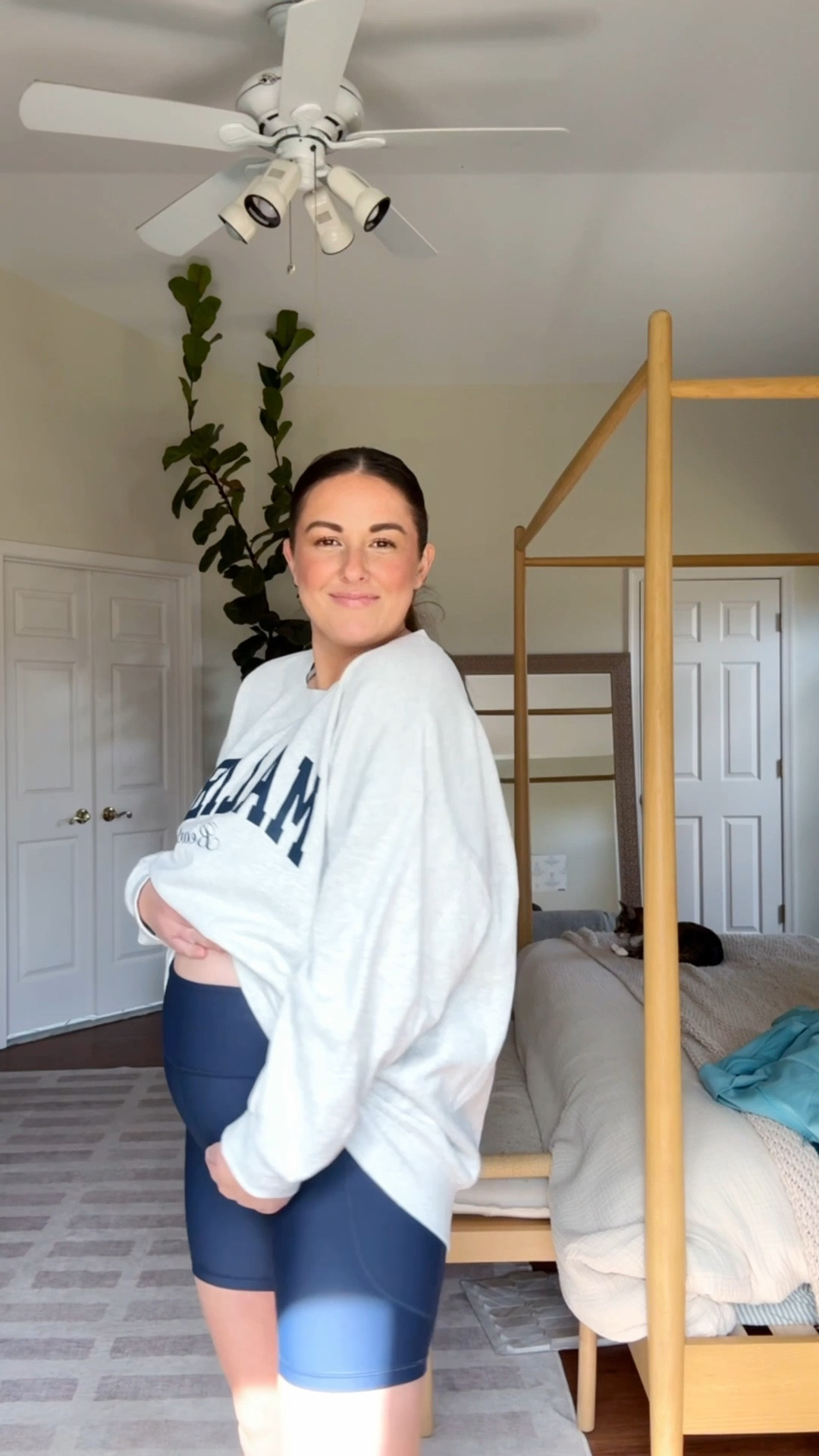 Sized up 2 sizes in the sweatshirt and it is oversized and so comfy. It’s lightweight and perfect for spring and summer. Biker shorts I went up one size for pregnancy and they are already a little tight so I would need to go up another size to wear throughout my pregnancy! 

#LTKBump #LTKStyleTip #LTKSaleAlert