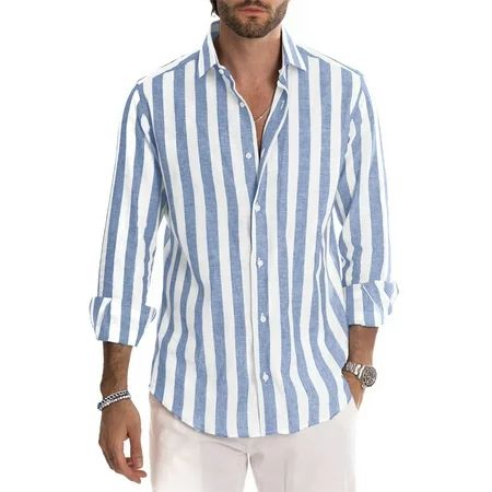 Dokotoo Men s Blue Button Down Shirts Striped Print Blouse Long Sleeve Fashion Casual Shirt US 40(M) | Walmart (US)