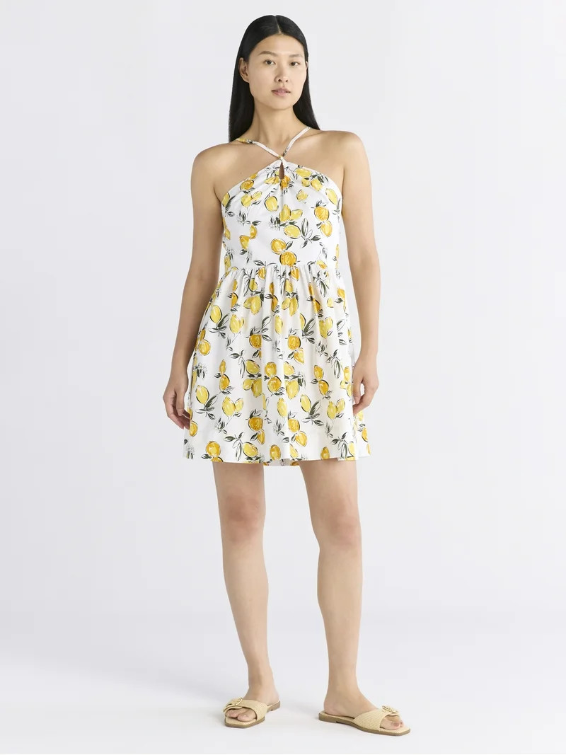 Free Assembly Women's Sleeveless Halter Fit and Flare Cotton Mini Dress, XS-XXL | Walmart (US)