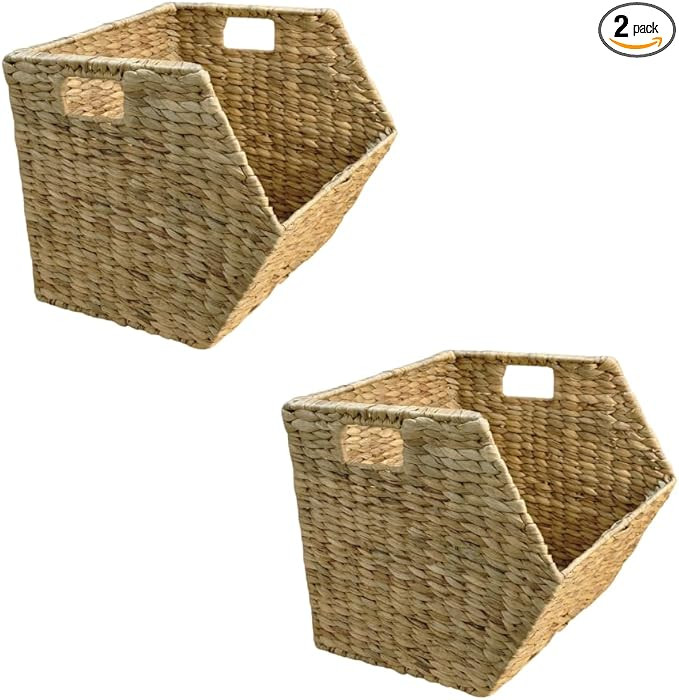 Wicker Stackable Storage Basket 15x15x13 Set of 2, Heavy Duty Hyacinth Storage Baskets with Built... | Amazon (US)