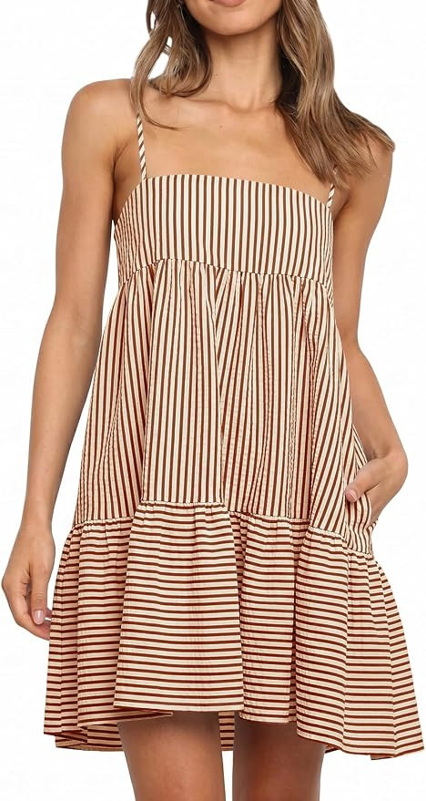 Wenrine Womens Summer Striped Mini Dress Casual Spaghetti Strap Sleeveless A Line Beach Sundress ... | Amazon (US)