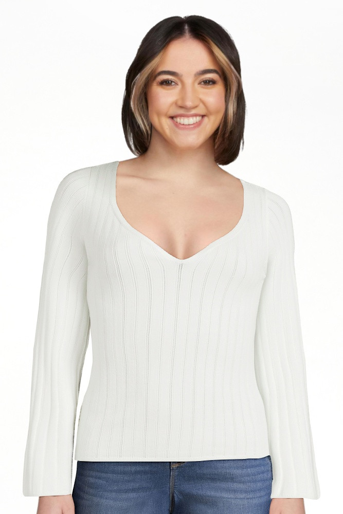 Sofia Jeans by Sofia Vergara Women's Sheer Sweetheart Neck Sweater with Notched Stripes | Walmart (US)