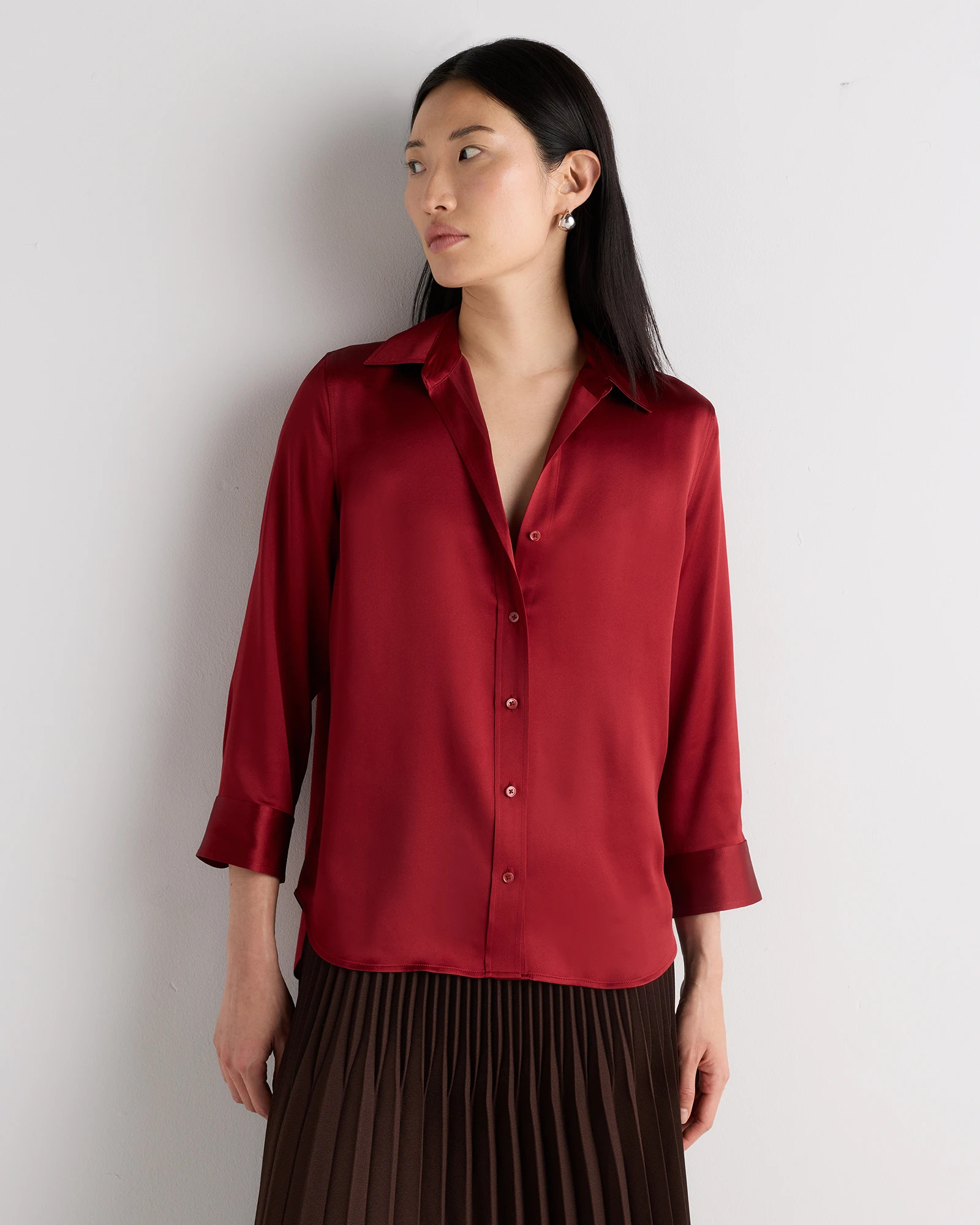 Quince | Women's Three-Quarter Sleeve Shirt in Black, Size Medium, Mulberry Silk | Quince