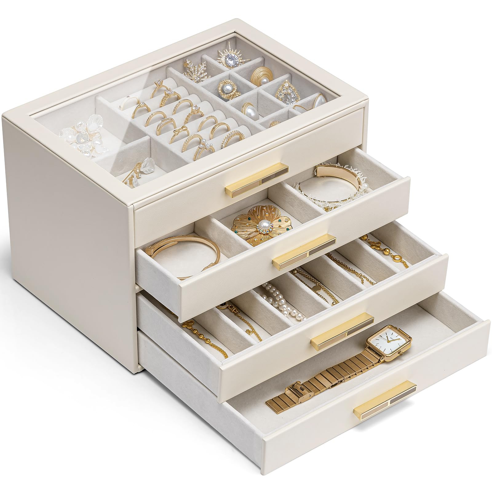 Vlando Schmuckkästchen Groß, Schmuckkasten mit 4 Ebenen, Schmuck Organizer mit Glasdeckel, 4 Sc... | Amazon (DE)
