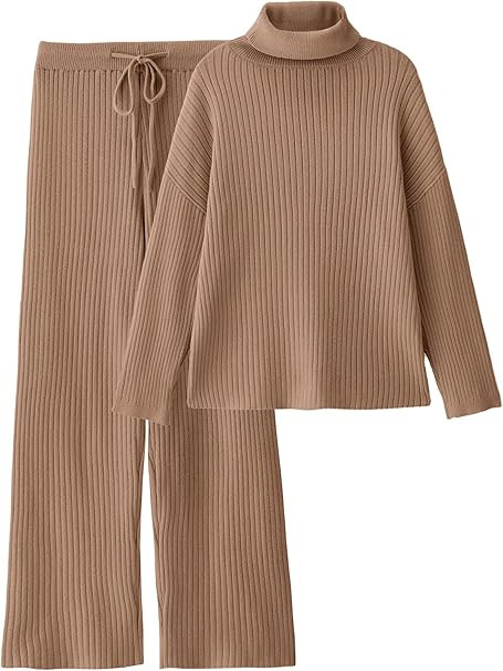 LILLUSORY Women's 2 Piece Outfits Turtleneck Sweaters Lounge Set and Wide Leg Pants Cozy Knit Swe... | Amazon (US)