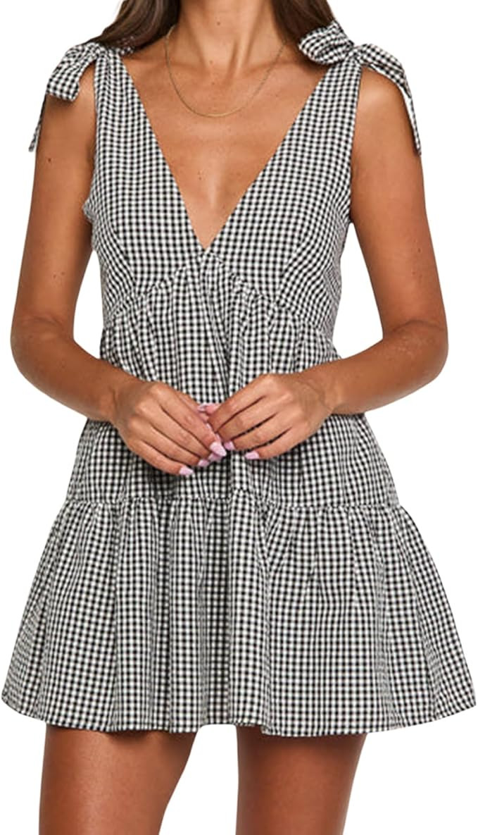Women Y2k Plaid Mini Dress Tie Shoulder Sleeveless A Line Beach Sundress Gingham Babydoll Dress | Amazon (US)