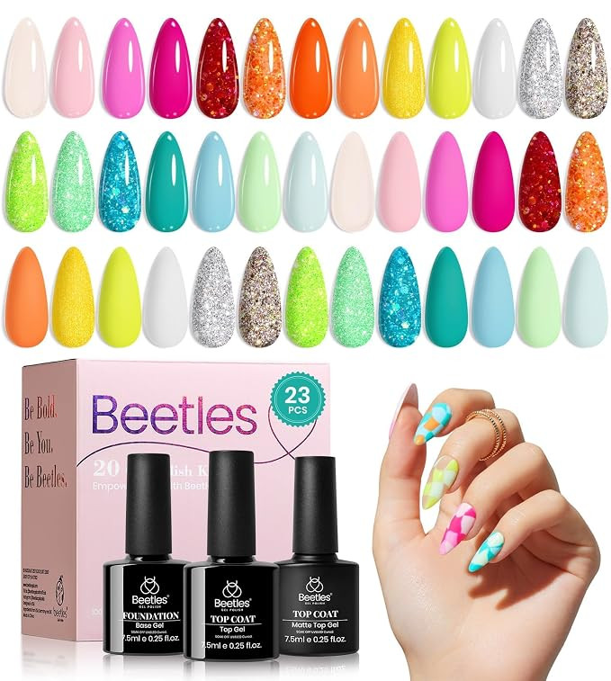 Beetles Summer Gel Nail Polish Set - 20 Colors Bright Yellow Orange Blue Pink Glitter Gel Nail Po... | Amazon (US)