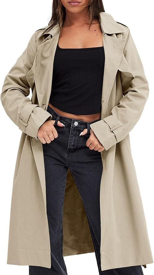 Fisoew Women's Double Breasted Trench Coats Causal Windproof Long Lapel Pocketed Overcoat with Be... | Amazon (US)