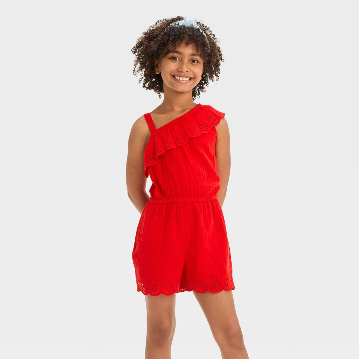 Girls' One-Shoulder Eyelet Gauze Romper - Cat & Jack™ Red XS | Target