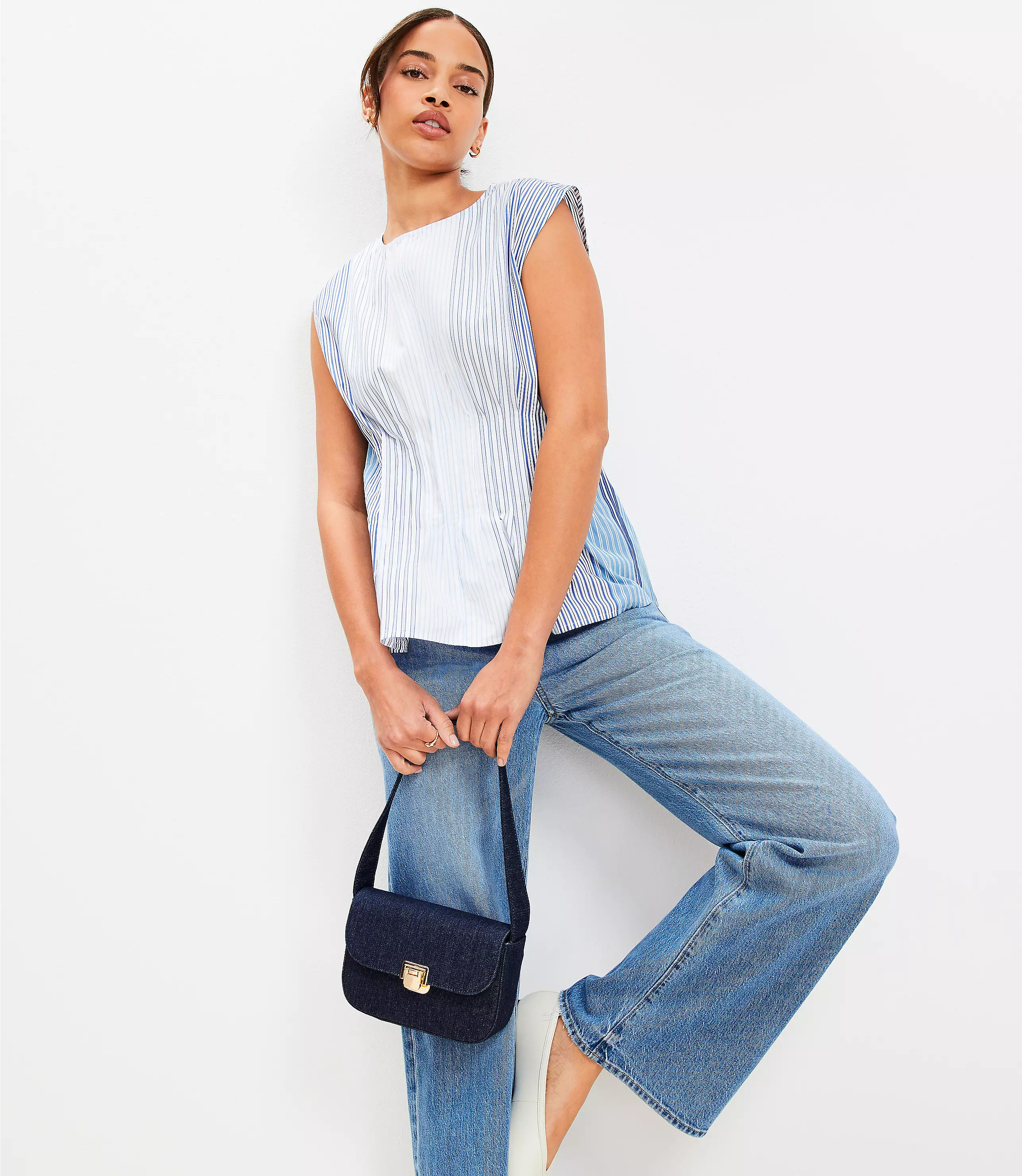 Striped Pleated Peplum Top | LOFT