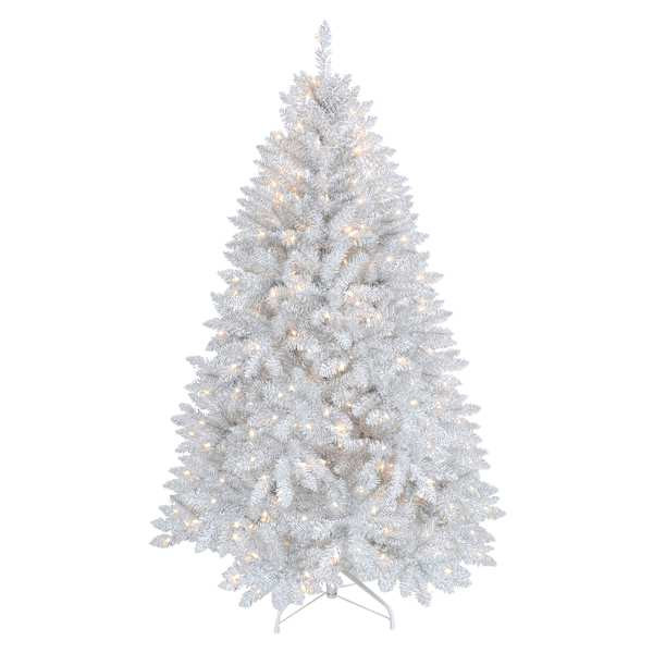 (A9) Pre-Lit LED White & Silver Tinsel Christmas Tree, 5' | At Home