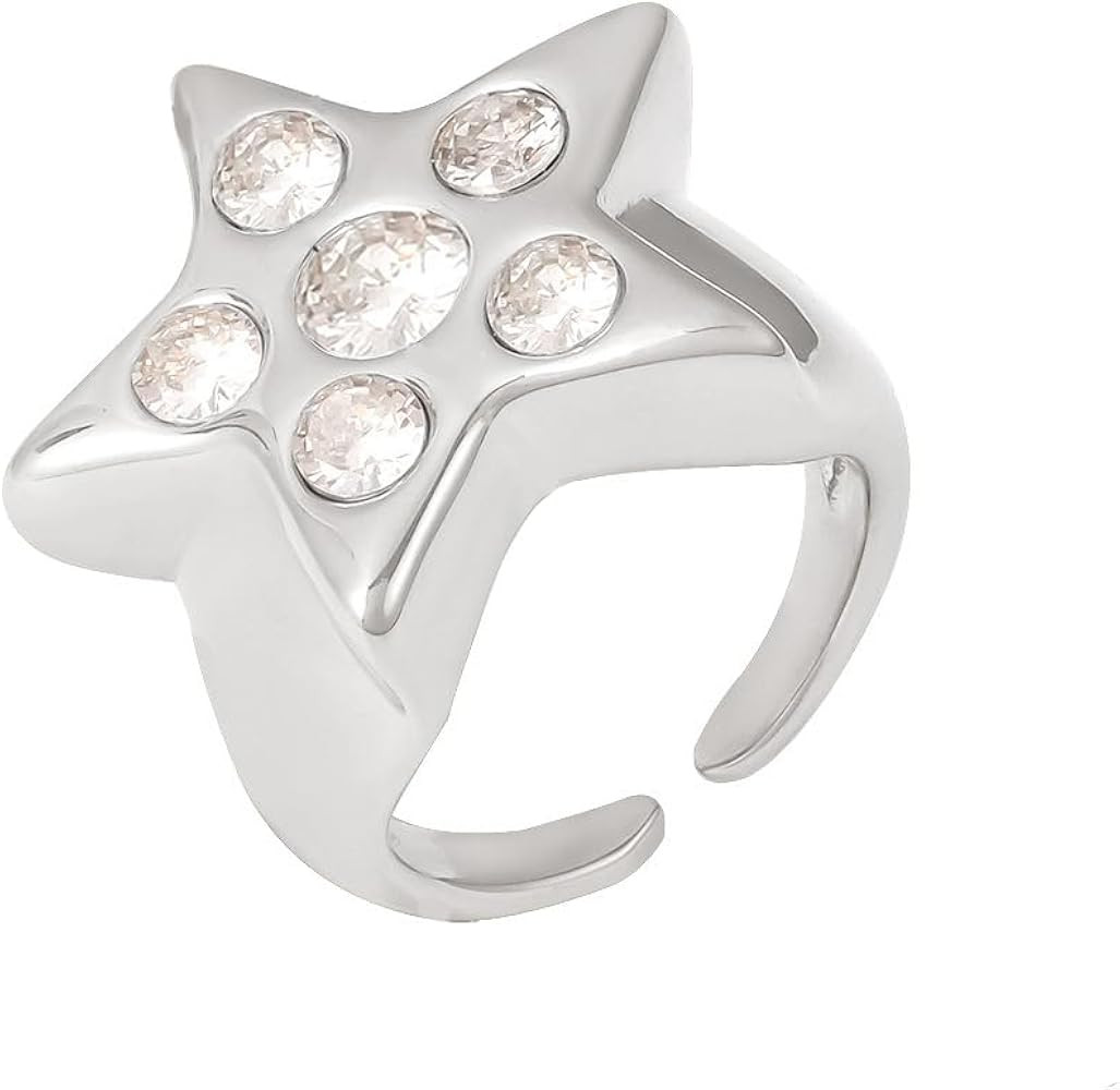 Y2K Rhinestone Large Star Open Band Statement Ring Punk Aesthetic for Women Men Stainless Steel C... | Amazon (US)