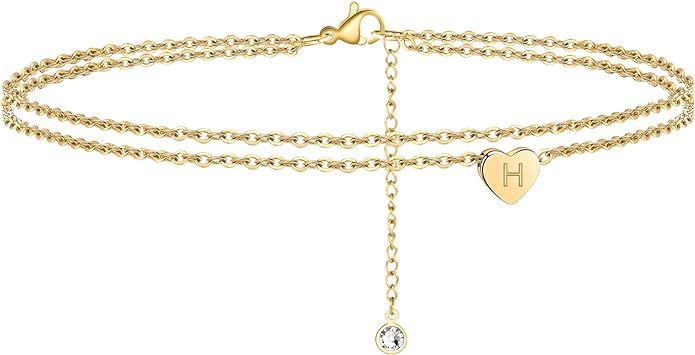 Heart Initial Ankle Bracelets for Women, 14K Gold Filled Handmade Dainty Layered Anklet Letter In... | Amazon (US)