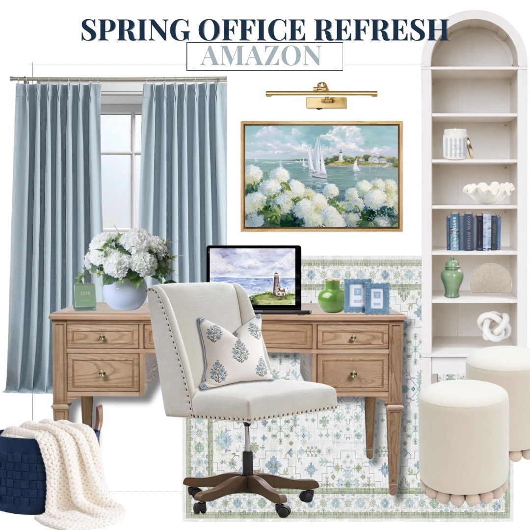 Spring office refresh with elevated coastal tones and polished Amazon finds that feel curated and intentional. Soft blue drapery frames the space with a tailored finish while the warm wood desk grounds the room with executive presence. I layered in classic hydrangeas, a brass picture light, and a timeless sailboat print to bring movement and light to the walls. The upholstered desk chair adds comfort without compromising structure, and the patterned rug introduces subtle color that carries throughout the space. This edit is refined, fresh, and designed to make everyday work feel inspiring.

spring office decor, home office refresh, amazon home finds, coastal office, blue curtains, wood desk styling, hydrangea decor, brass picture light, neutral office chair, patterned rug, built in shelves styling, classic home office, feminine office inspiration, work from home setup, AudrieDollins 

 #LTKSpringSale #LTKHome #LTKWorkwear