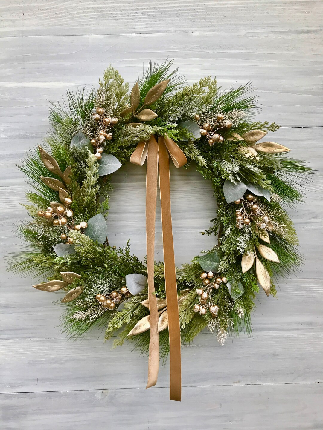 Winter Sage Green Wreath With Champagne Foliage & Gold Berries, Evergreens and Gold Front Door Wr... | Etsy (US)