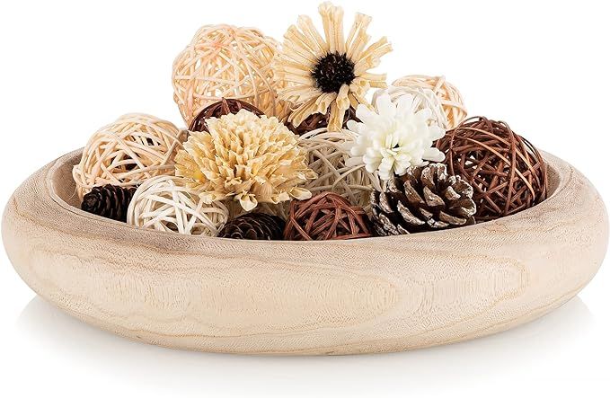 Hanobe Decorative Dough Wood Bowl: Round Paulownia Wooden Bowls for Decor Rustic Centerpiece Bowl... | Amazon (US)