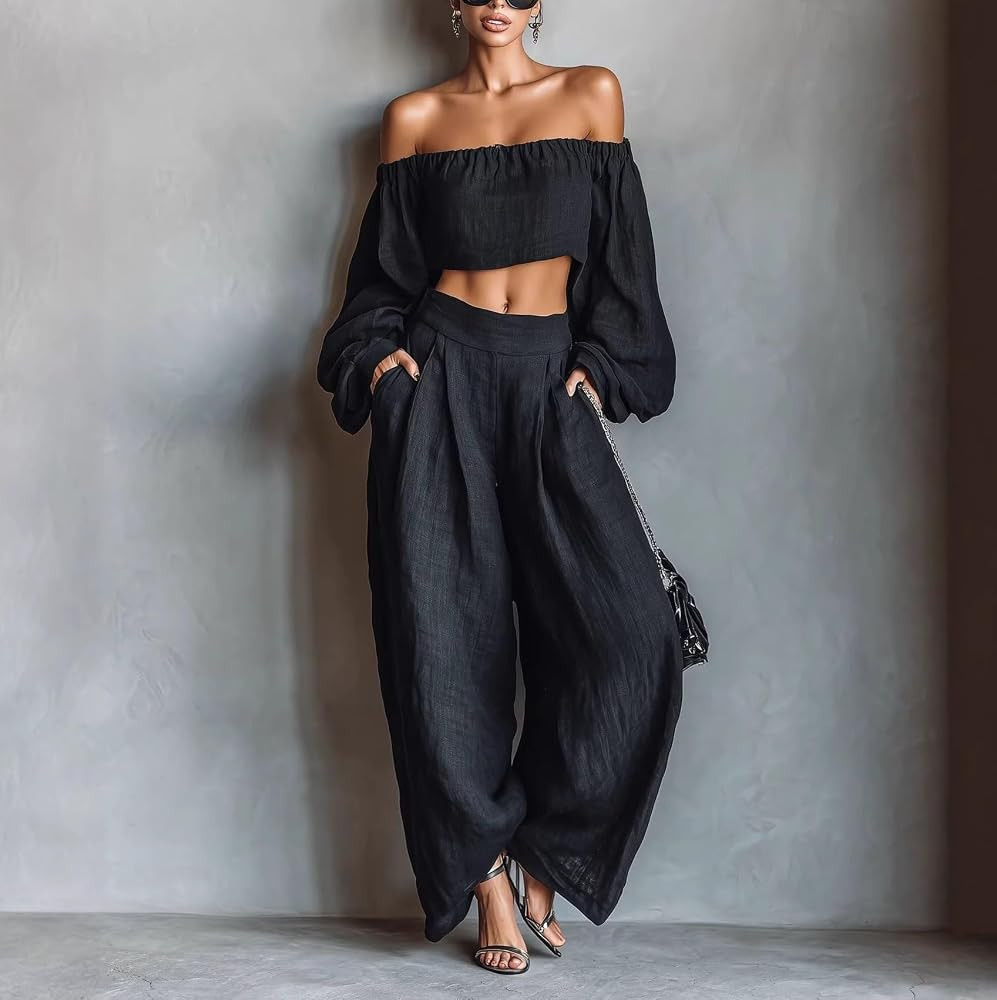 Apvirdy Women's Retro Solid Textured 2 Piece Set Off Shoulder Long Sleeve Crop Top Wide Leg Pants... | Amazon (US)