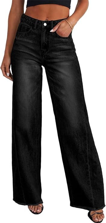 Sidefeel Women's Wide Leg Jeans High Waisted Strechy Raw Hem Zimbaplatinum Denim Pants | Amazon (US)