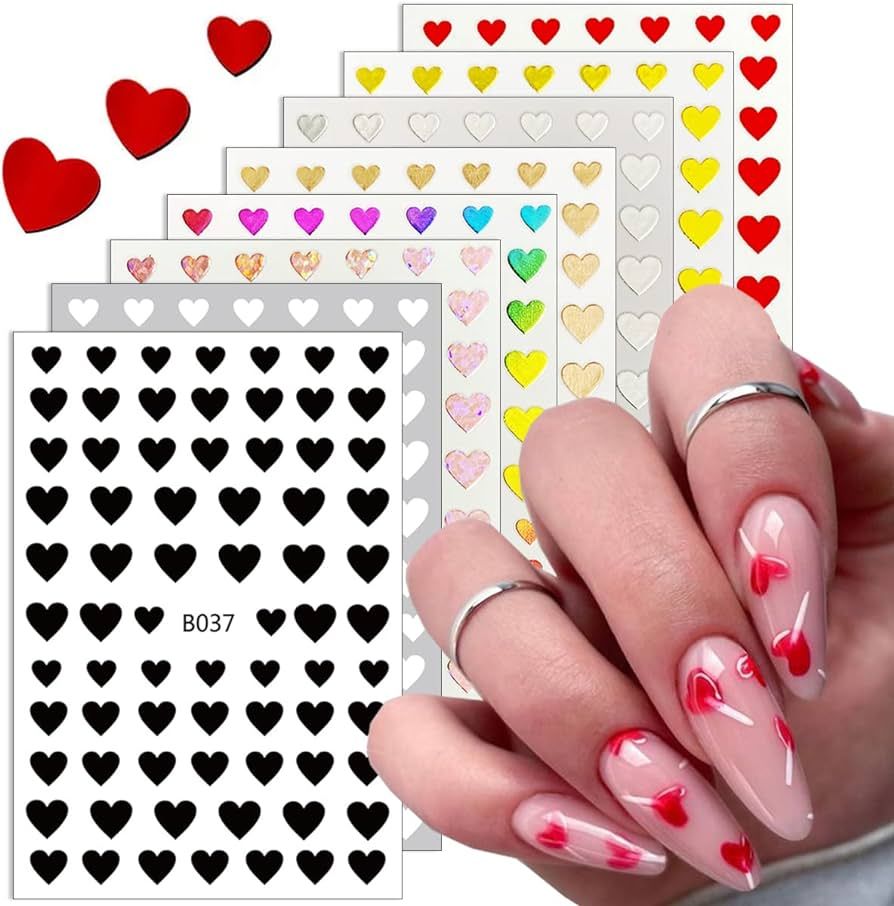 8 Sheets Heart Love Nail Stickers Decals 3D Self-Adhesive Nail Art Stickers Heart Nail Art Decorations Heart Nail Charms Design Nail Accessories Manicure Tips Supplies for Women Girls Nail Decor | Amazon (US)