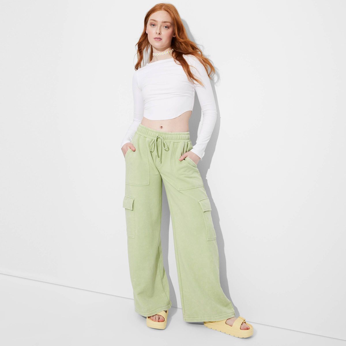 Women's High-Rise Wide Leg Baggy Cargo Sweatpants - Wild Fable™ Sage Green S | Target