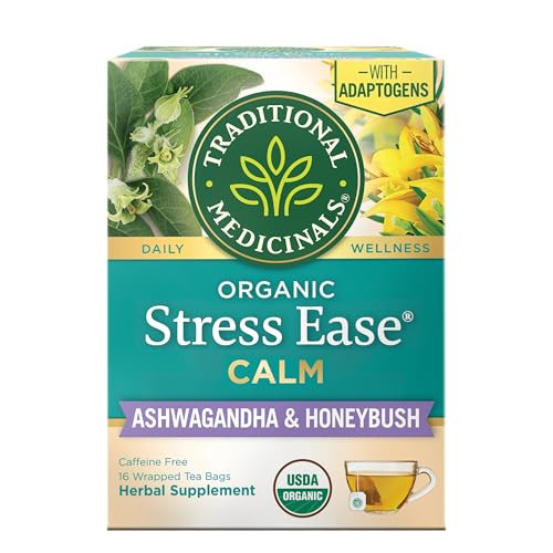Traditional Medicinals Organic, Stress Ease Calm with Adaptogens, Ashwagandha & Honeybush - Promotes Relaxation - Kosher, Non-GMO, Caffeine-Free, Compostable - 16 Tea Bags | Amazon (US)