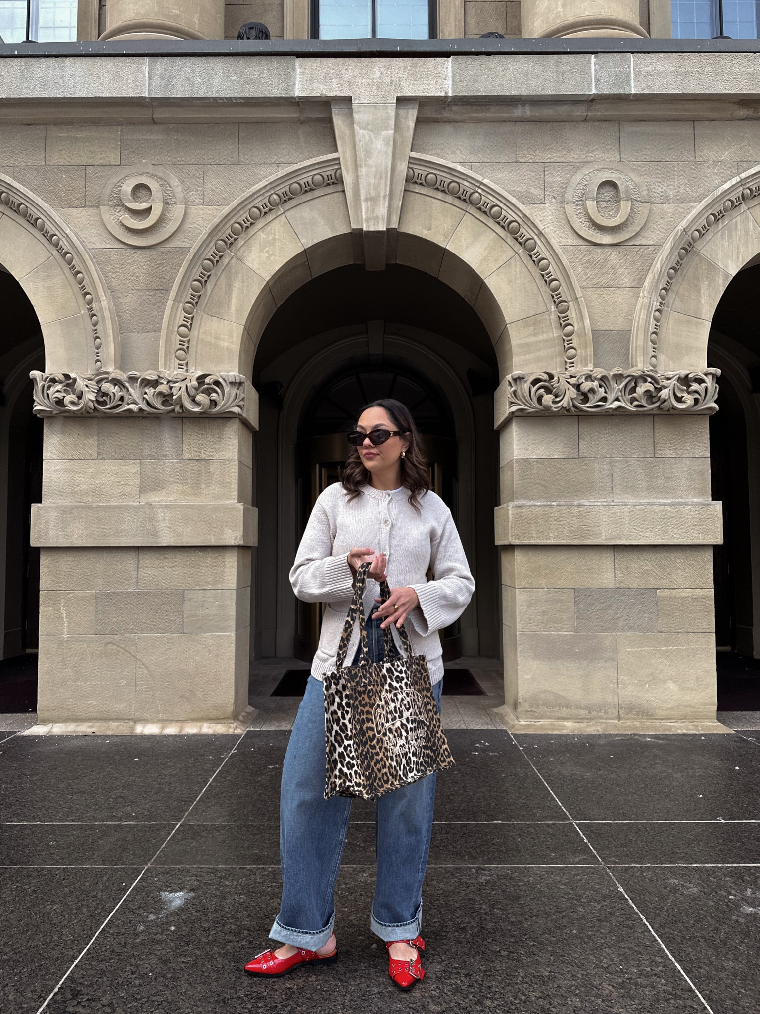 Outfit inspiration!
-Reformation crewneck button up cardigan in cream, I have a medium 
-Citizens of Humanity Ayla jeans. Baggy wide leg medium wash jeans. I have a size 29. 
-Red buckled flats from Steve Madden. 
-Ganni leopard print tote bag. 
-White T-shirt. 
-Celine Triomphe sunglasses. 


#LTKSeasonal #LTKstyletip #LTKfindsunder100