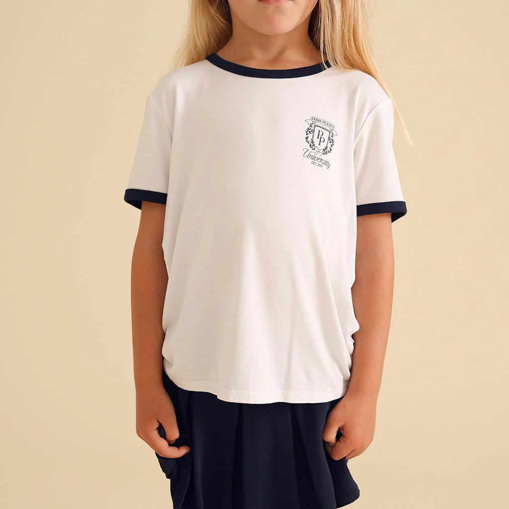 Collegiate Blue Short Sleeve Varsity Navy Varsity Tee | Posh Peanut® | Posh Peanut