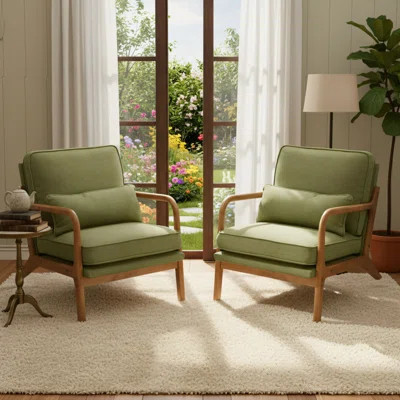 Dark Green Linen Upholstered Lounge Chair Set, Two-Piece Set, Medieval-Modern Solid Wood Farmhouse Style, Suitable For Living Room, Bedroom, Reading, | Wayfair North America