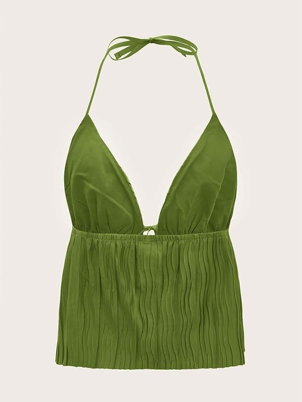 Women's Tie Front Deep V Neck Sleeveless Split Crop Halter Top | Amazon (US)