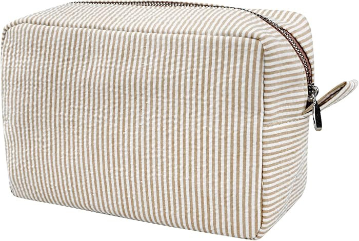 Cosmetic Bags for Women, Seersucker Cosmetic Bag, Travel Toiletry Stripe Makeup Bag, Large Women ... | Amazon (US)