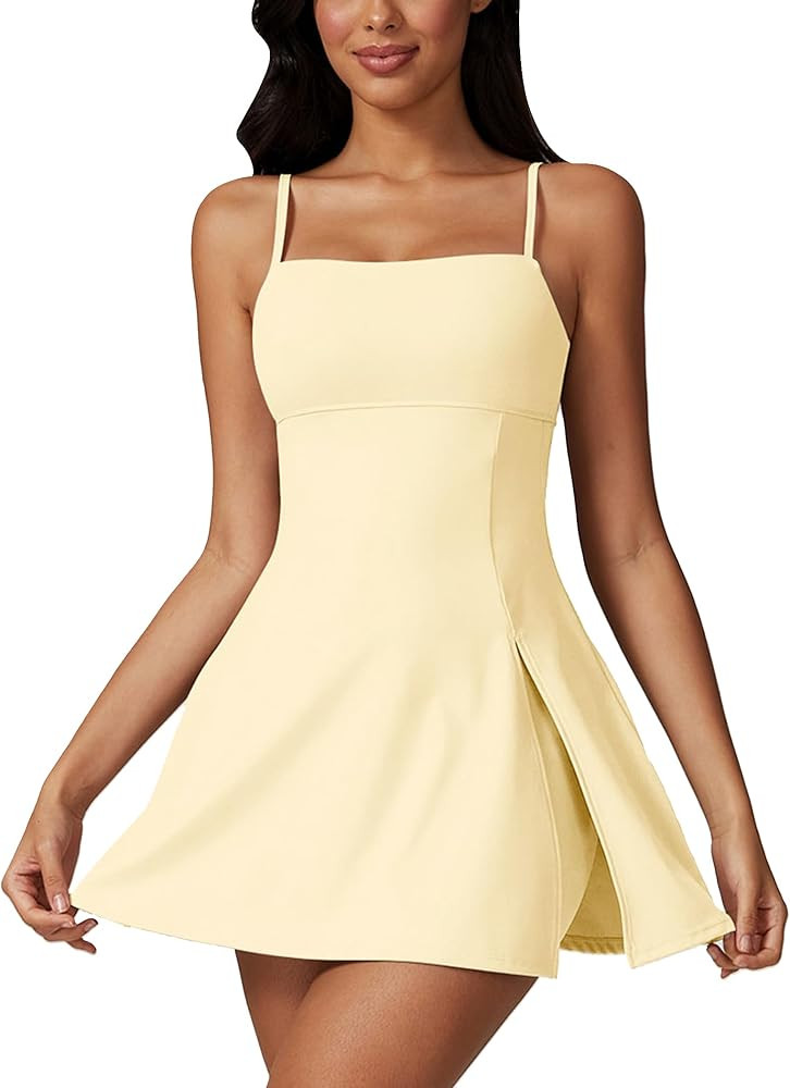 ABOCIW Womens Square Neck Tennis Dress with Shorts Spaghetti Strap Backless Workout Side Slit Ath... | Amazon (US)