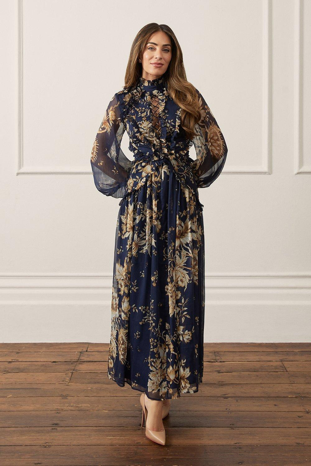 Lydia Millen Floral Ruffle Chiffon Maxi Dress | Karen Millen US