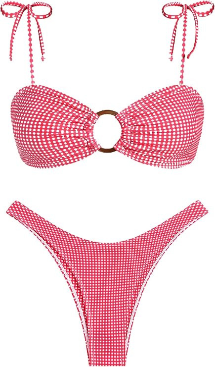 ZAFUL Women's Sexy Tie Spaghetti Strap Bikini Textured O Ring Ruched High Leg Swimsuit Cheeky Bat... | Amazon (US)