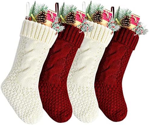 Kunyida Pack 4, Unique Burgundy and Ivory White Knit Christmas Stockings 14" | Amazon (US)