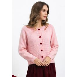 Textured Panel Heart-Button Knit Cardigan in Pink | Chicwish