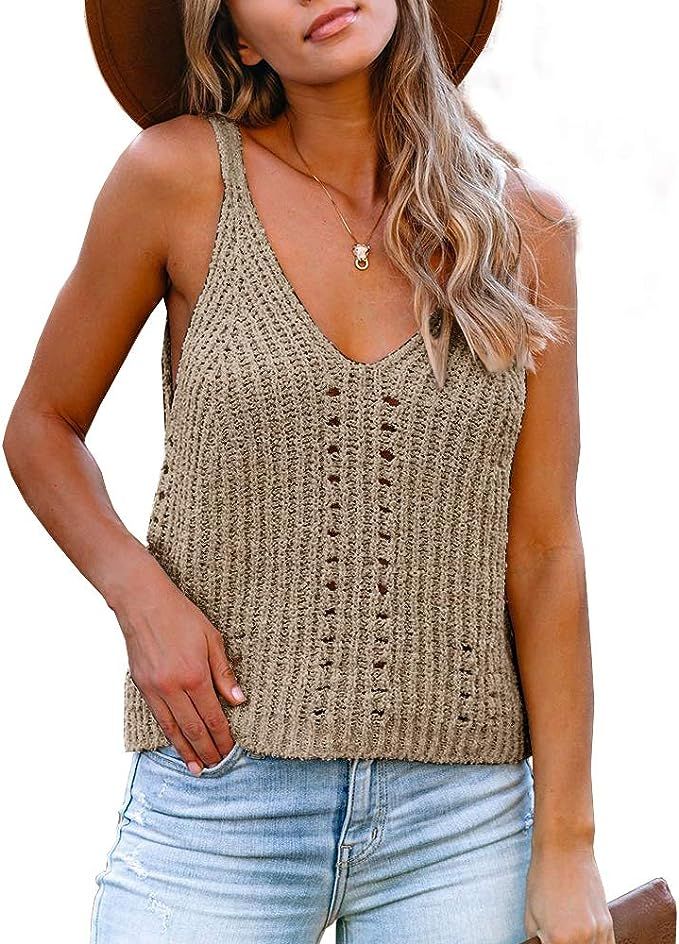 Flawerwumen Womens V Neck Tank Tops Sweater Vest Knit Sleeveless Strappy Casual Sheer Pullover Sw... | Amazon (US)