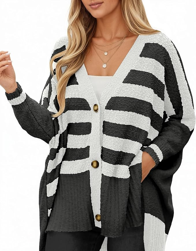 Saodimallsu Womens Oversized Striped Cardigan Sweaters V Neck Fuzzy Knit Button Up Side Slit Fall... | Amazon (US)