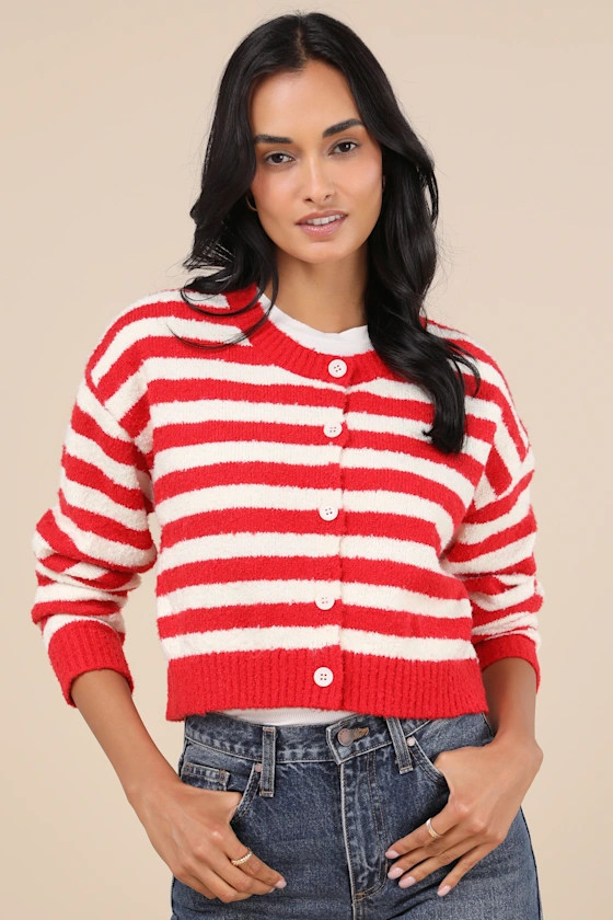 Cutest and Coziest Red and White Striped Crew Neck Cardigan | Lulus