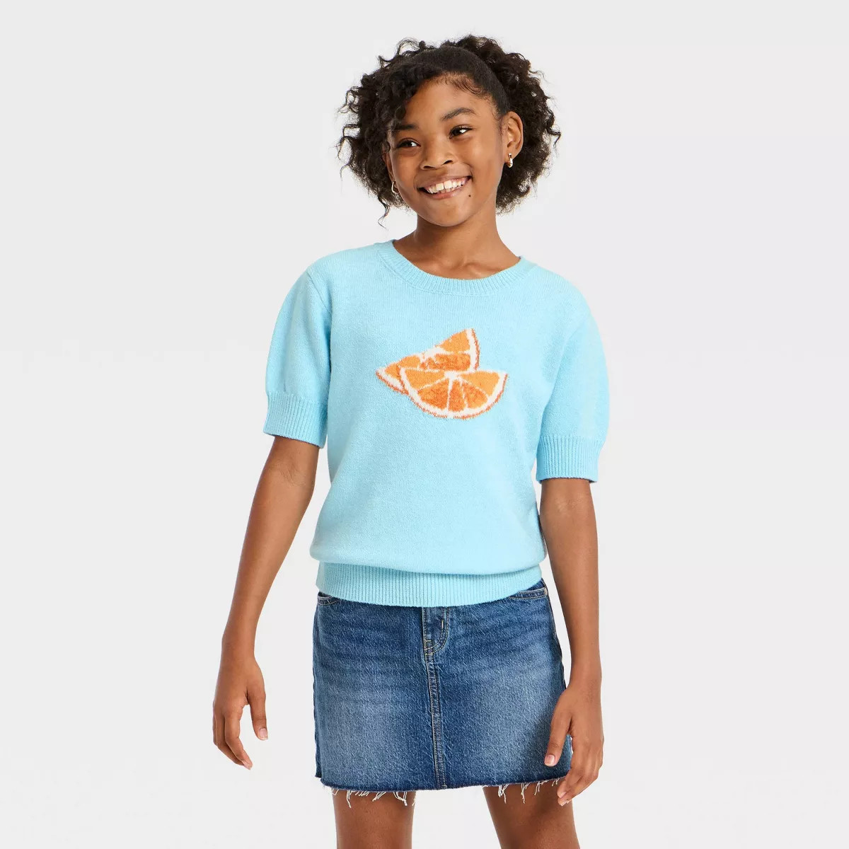 Girls' Citrus Graphic Short Sleeve Sweater - art class™ Light Blue M | Target