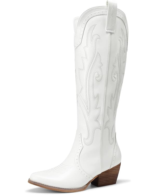 DREAM PAIRS Womens Cowboy Knee High Boots Comfortable Pull On Side Zipper Chunky Heel Embroidered... | Amazon (US)