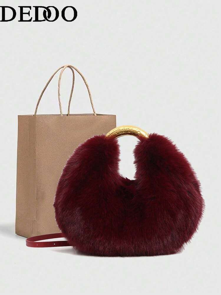 Faux Fur & Metal Handle Handbag, Fashionable High-End Style, Suitable For Dates, Commuting, Gifting And More | SHEIN