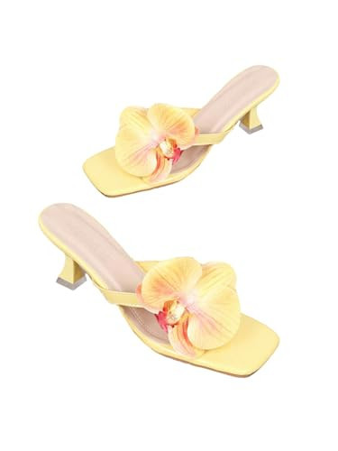 MakeMeChic Women's Open Toe Floral Kitten Heels Flower Summer Beach Sandals Tropical Flower Yellow 7.5 | Amazon (US)