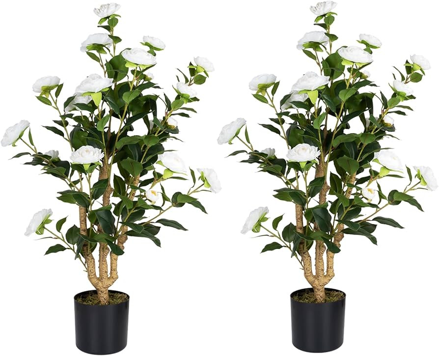 Artificial Camellia Tree 2 Pack, 38’’ Faux Camellia Plant in Pot with White Flowers, Greenery... | Amazon (US)