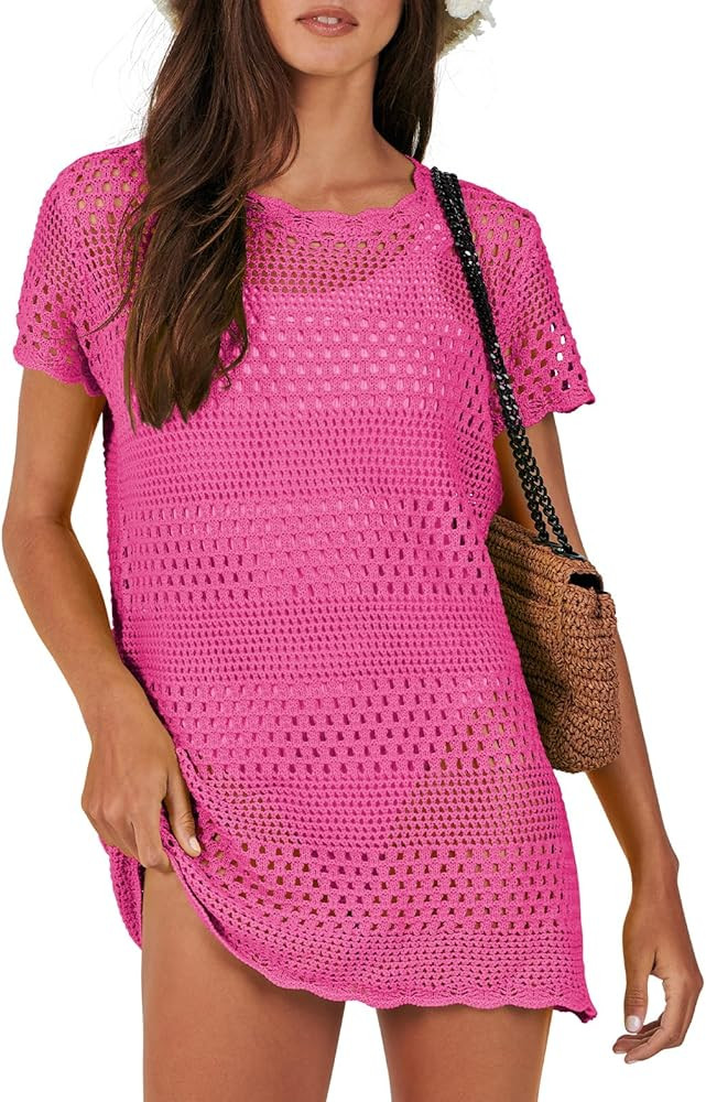 ANRABESS Women Swimsuit Crochet Swim Cover Up Summer Bathing Suit Swimwear Knit Short Sleeve Pull... | Amazon (US)