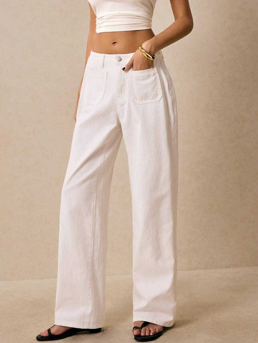 Poéselle Women's Jeans Denim Straight Pants White Jeans White Pants Pocket Decoration Women's So... | SHEIN