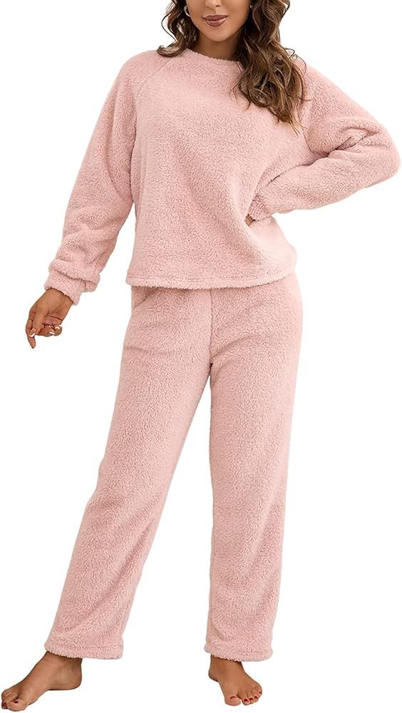 Women's Fuzzy Lounge Casual Pajamas Sets Long Sleeve Plush Sleepwear Fleece Pullover and Pants Se... | Amazon (US)