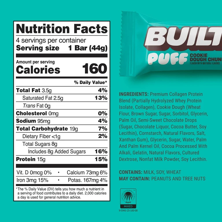 BUILT Puff Protein Bar, Cookie Dough Chunk, 15g Protein, Collagen, 160 Calories, 4 Count Box, 1.5... | Walmart (US)