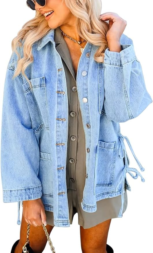 PHISOCKAT Side Tie Bow Jean Jacket Oversized Denim Jacket for Women Button Down Denim Jackets wit... | Amazon (US)