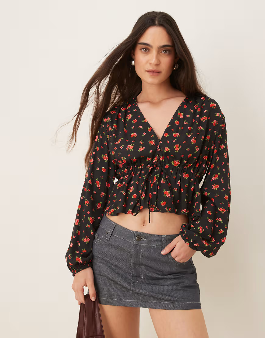 Mango tie front rose print blouse in black | ASOS (Global)
