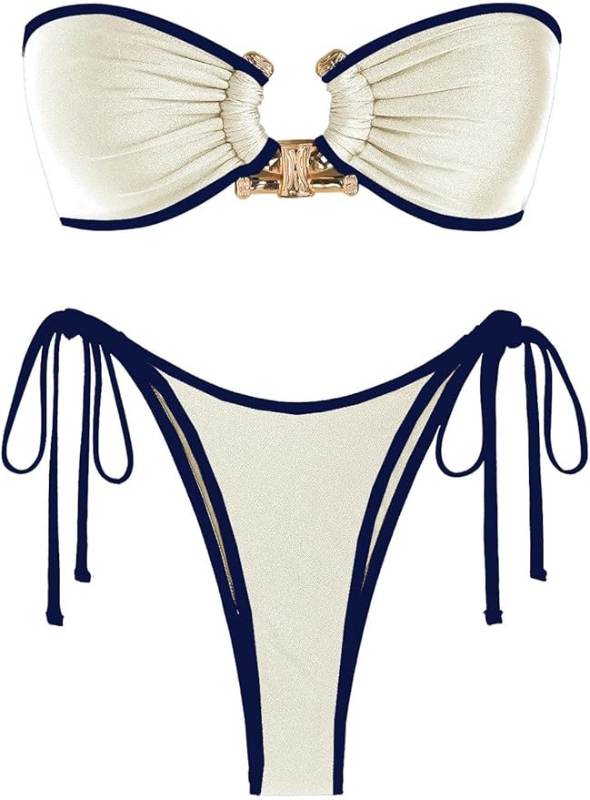 ZAFUL Metal Ring Bandeau Bikini Set Tie Side Bathing Suit High Cut 2 Piece Swimsuit Cutout Swimwe... | Amazon (US)